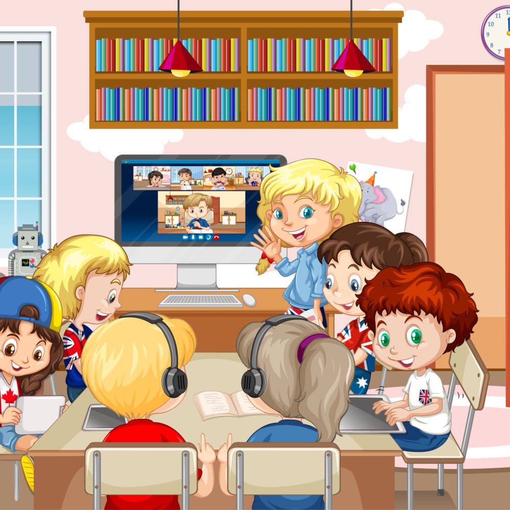 Children using laptop for communicate video conference with teac Children using laptop for communicate video conference with teacher and friends in the room scene illustration